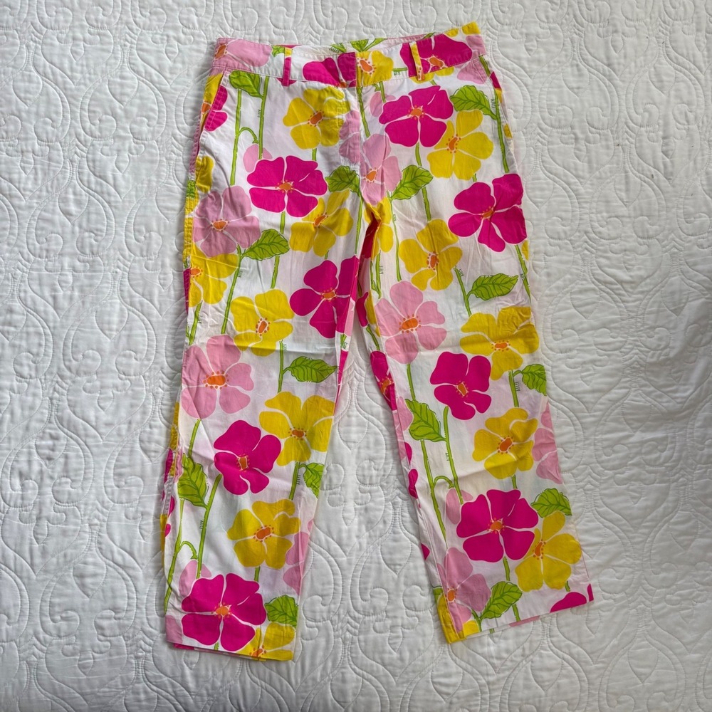Lilly Pulitzer VTG Floral Crop Capri Pants Pink Yellow Chino Trousers Size 6 EUC